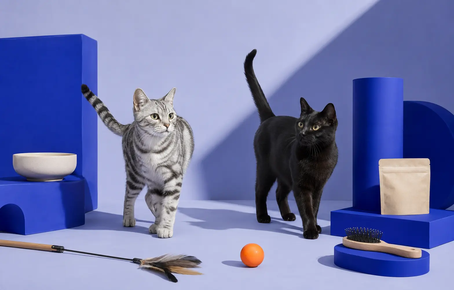 Two cats with thoughtfully selected pet products
