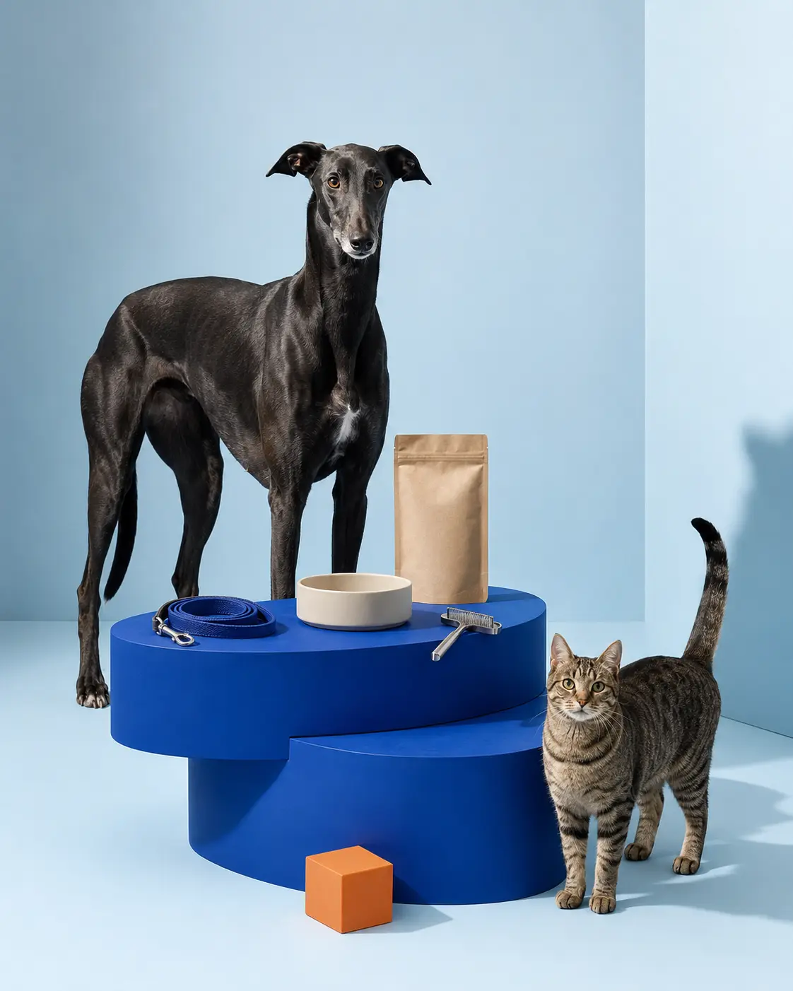 Editorial arrangement of premium pet products with a greyhound and tabby cat